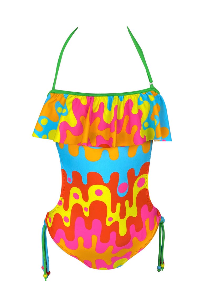 Abstract Lava Flow with Beaded Side Ties One-Piece Swimsuit, Main, color, Multicolor