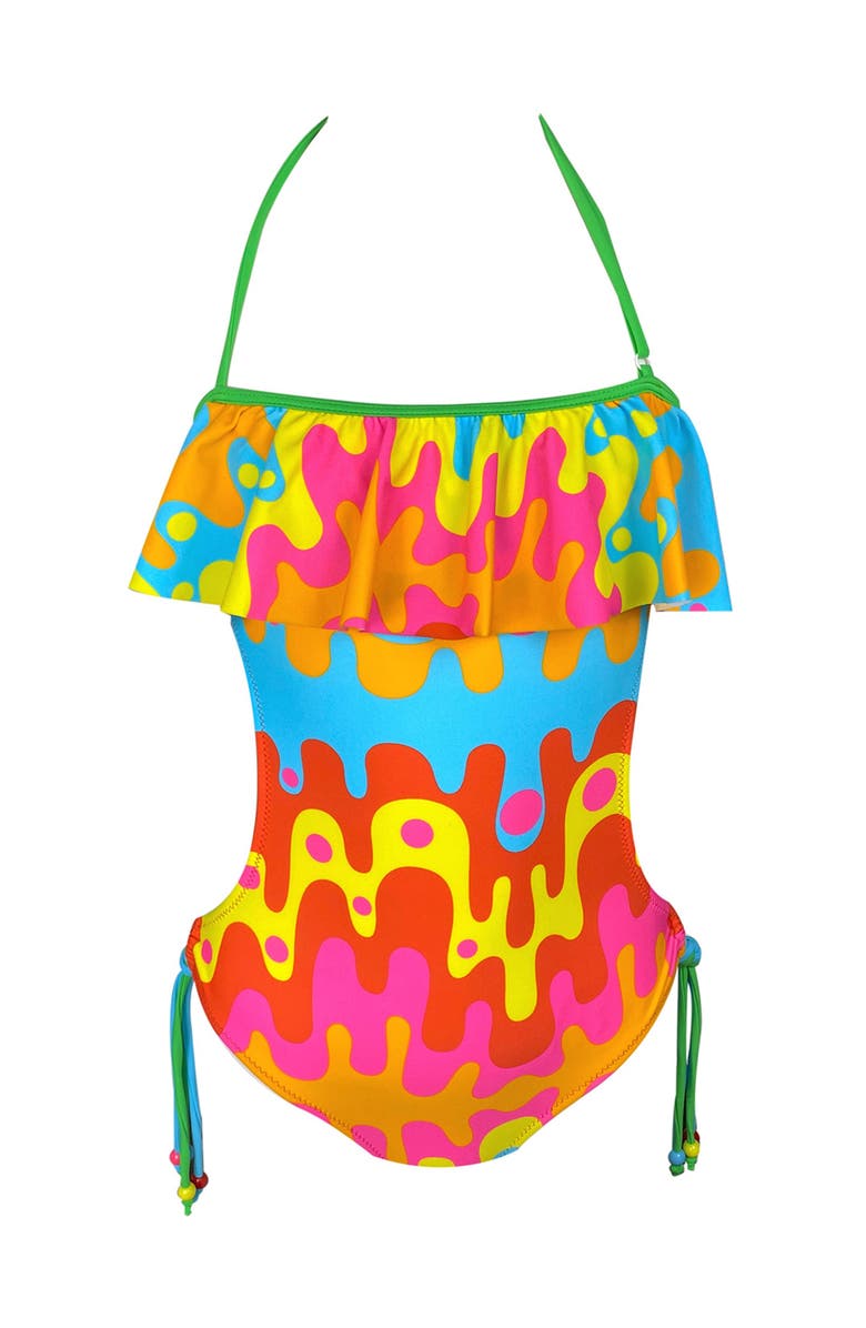 NESSI BYRD Abstract Lava Flow with Beaded Side Ties One-Piece Swimsuit, Main, color, Multicolor