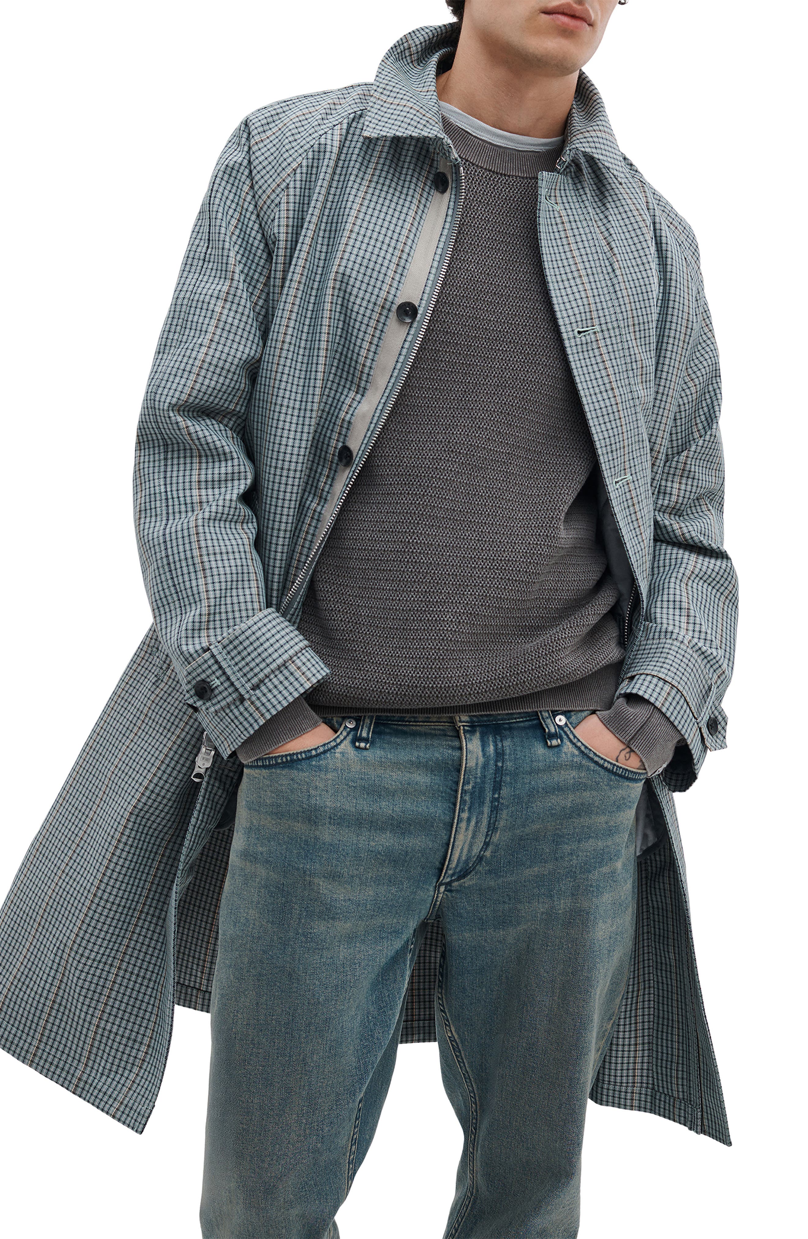 Rag & Bone Devin Water Resistant Check Trench Coat In Blue