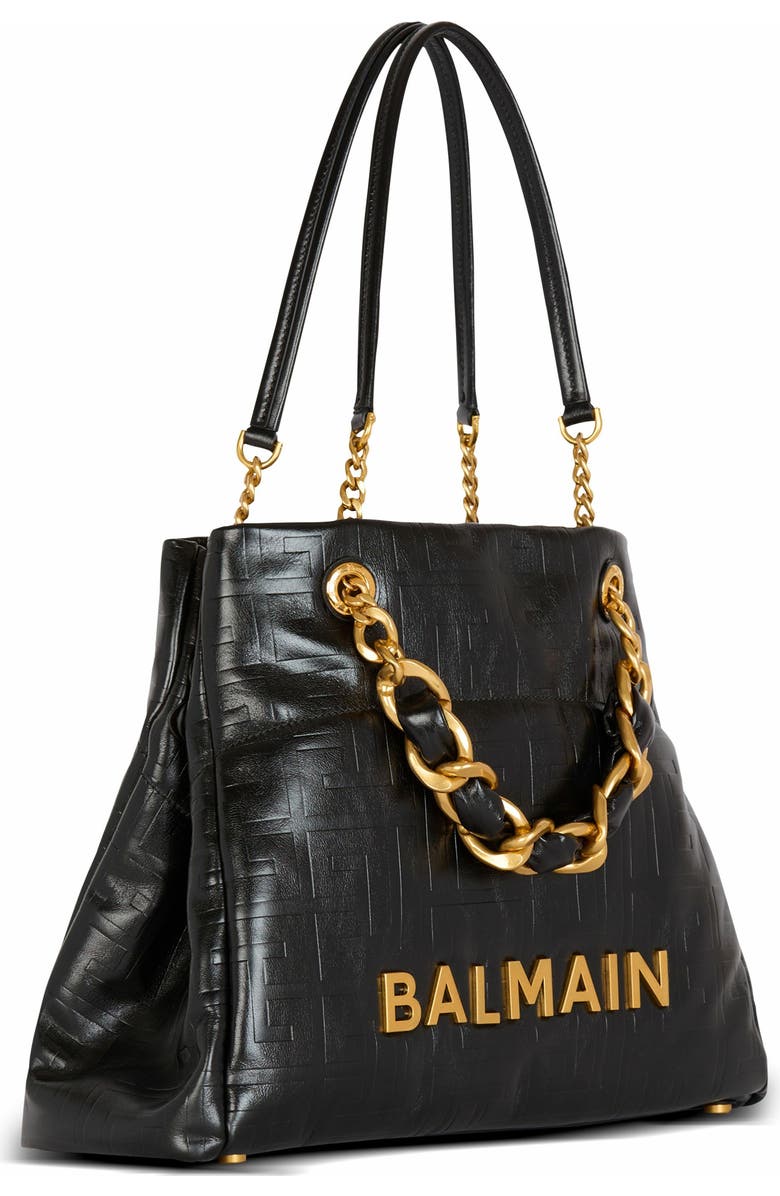 Balmain 1945 Soft Pb-Monogrammed Crinkled Leather Tote Bag, Alternate, color, Black