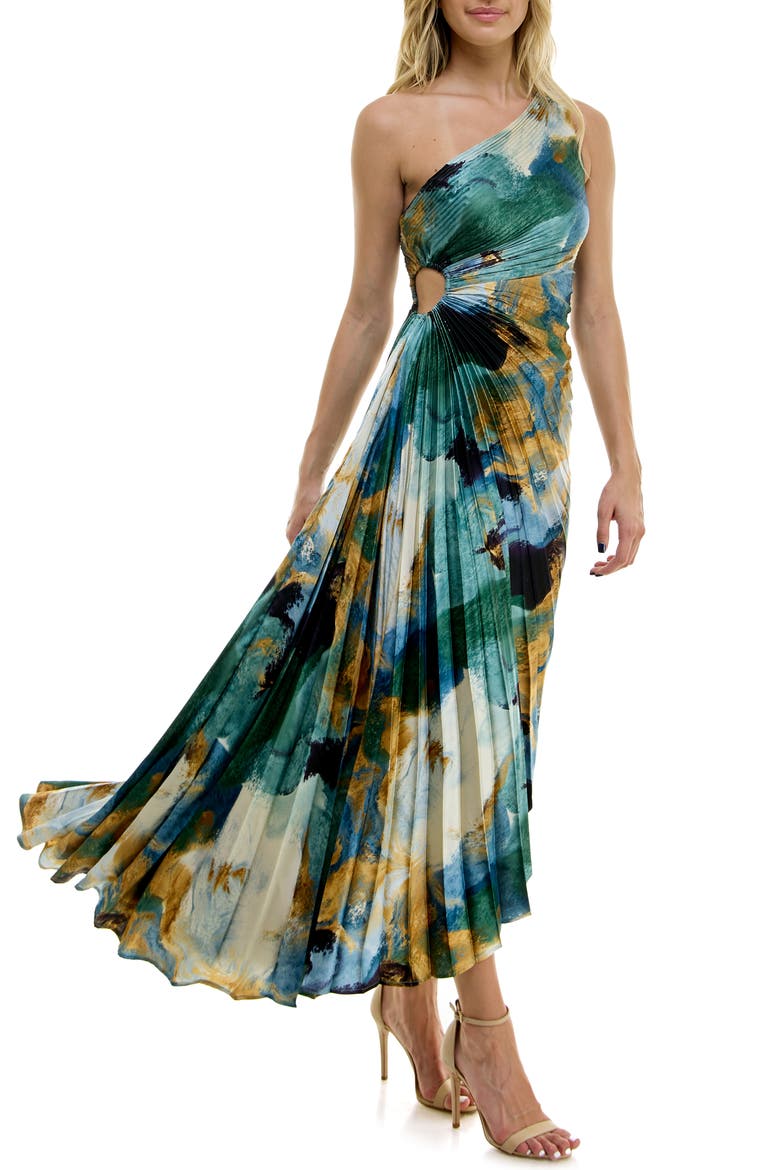 print asymmetric hem pleated maxi dress socialite Printed One Shoulder Asymmetrical Maxi Dress Red / M
