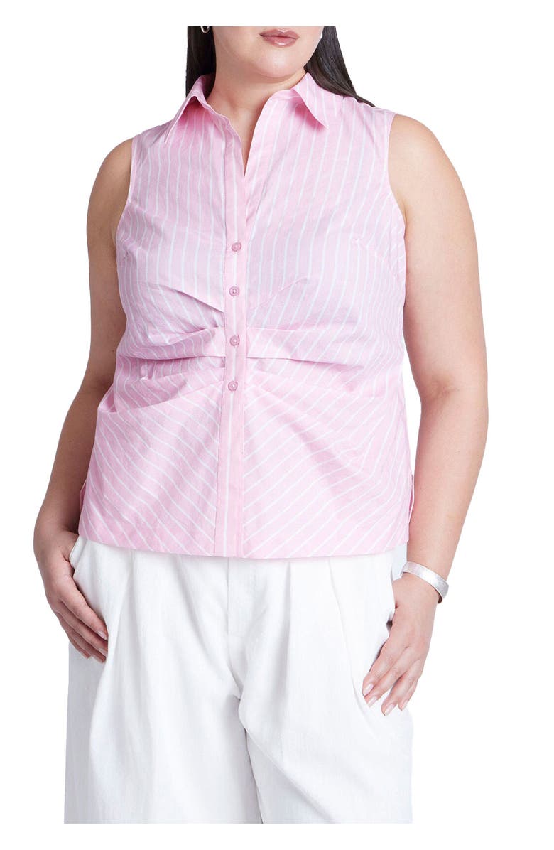 ELOQUII Striped Sleeveless Collared Top, Main, color, Pink And White Stripe