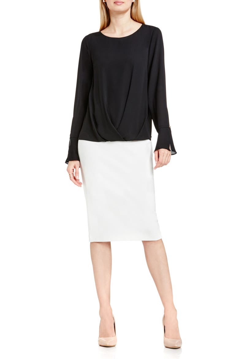 Bell Cuff Fold Front Blouse, Alternate, color, RICH BLACK