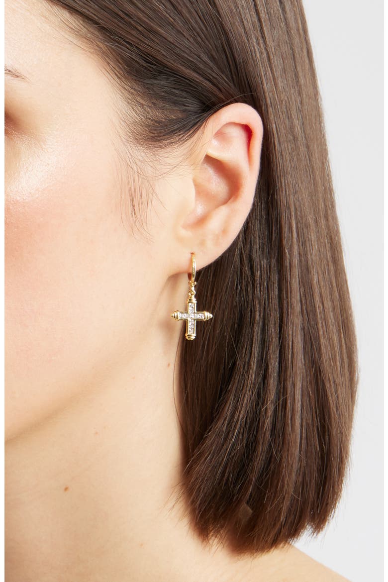 Lydia Huggie Hoop Cross Drop Earrings, Alternate, color, GOLD