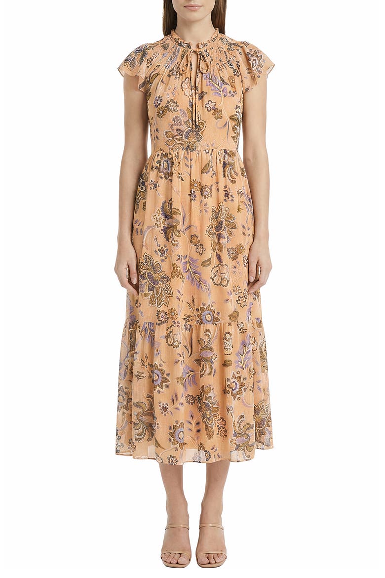 Floral Cap Sleeve Fit & Flare Midi Dress, Main, color, GOLD/ BLUE