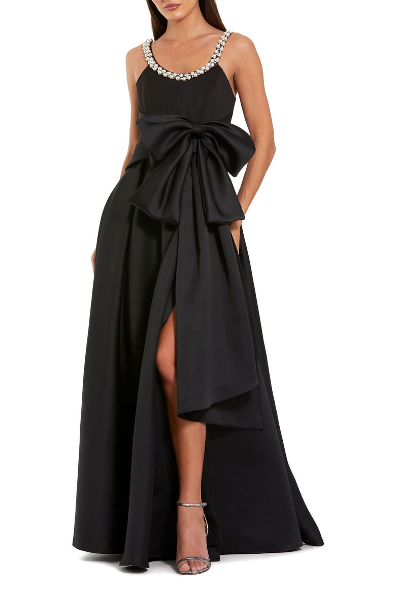 Women's Satin Gown With Pearl Neckline and Bow Detail, Main, color, Black