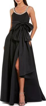 Mac Duggal Women's Satin Gown With Pearl Neckline and Bow Detail