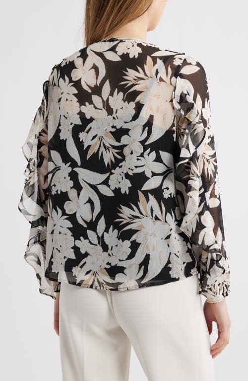 Anne Klein Print Ruffle Tie Neck Top In Anne Black Multi