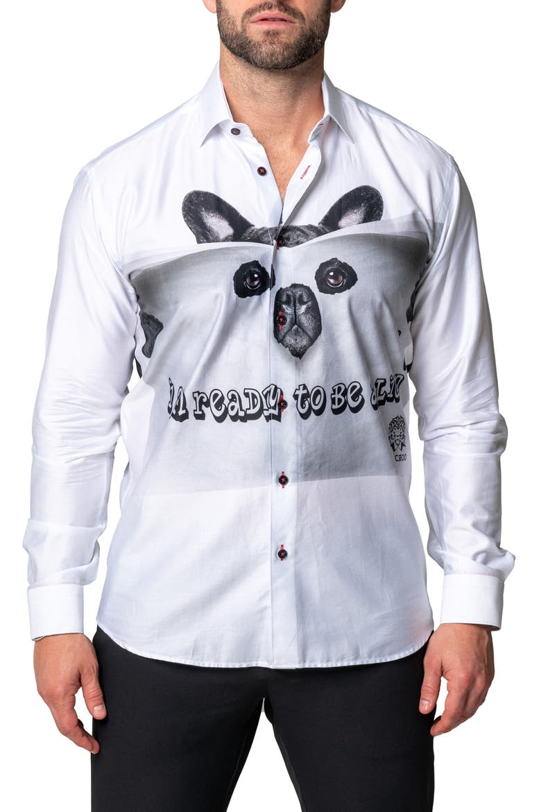 Fibonacci Lion Time Regular Fit Cotton Blend Button-Up Shirt, Main, color, WHITE