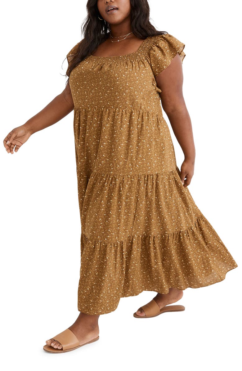 Madewell Daisy Stitch Ruffle Sleeve Tiered Midi Dress, Main, color, 
