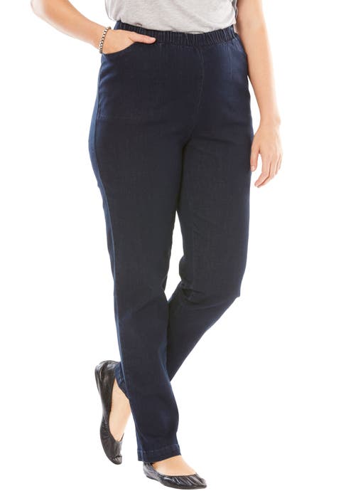 Fineline Pull On Elastic Waist Straight Leg Stretch Denim Jeans (plus)