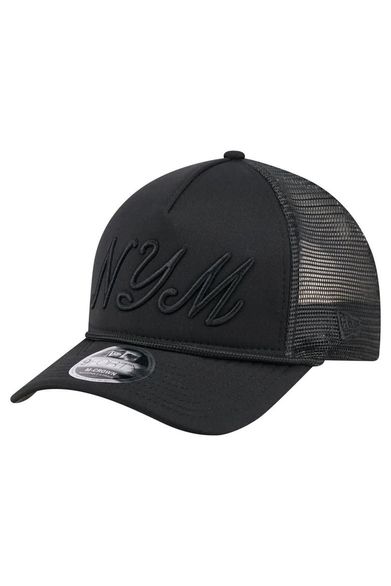 Men's New Era Black New York Mets City Initial 9FORTY A-Frame M-Crown Adjustable Trucker Hat, Main, color, Black