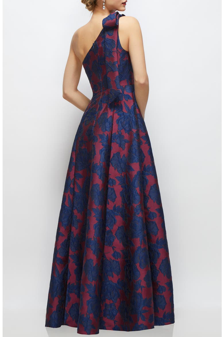 Bow One-Shoulder Jacquard Ballgown, Alternate, color, BURGUNDY NAVY FLORAL