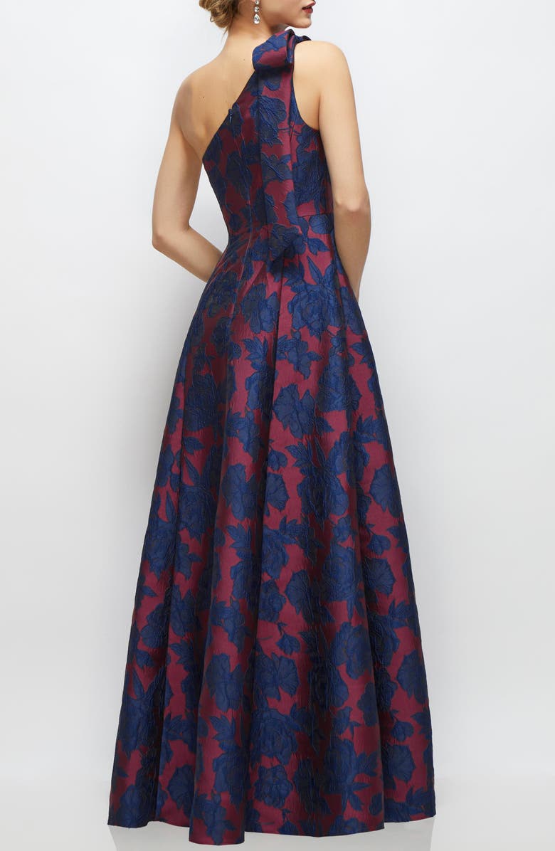 Alfred Sung Bow One-Shoulder Jacquard Ballgown, Alternate, color, Burgundy Navy Floral