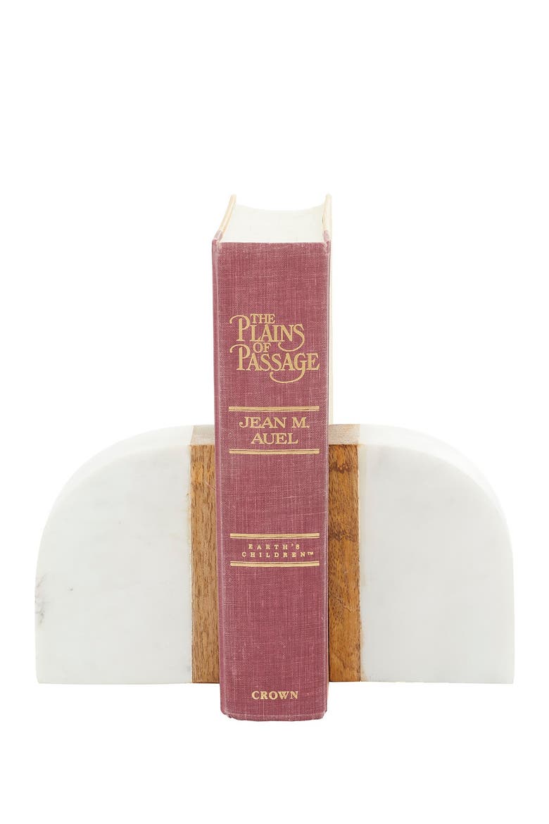 White Marble Bookend with Wood Detail - Set of 2, Main, color, WHITE