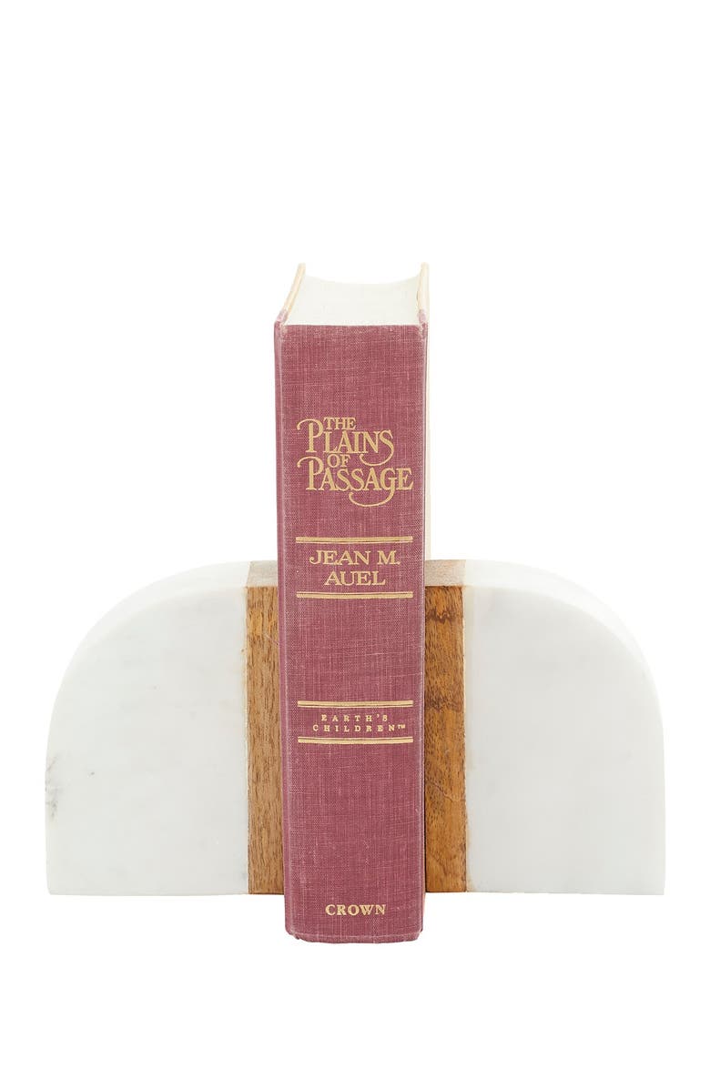 GINGER BIRCH STUDIO White Marble Bookend with Wood Detail - Set of 2, Main, color, White