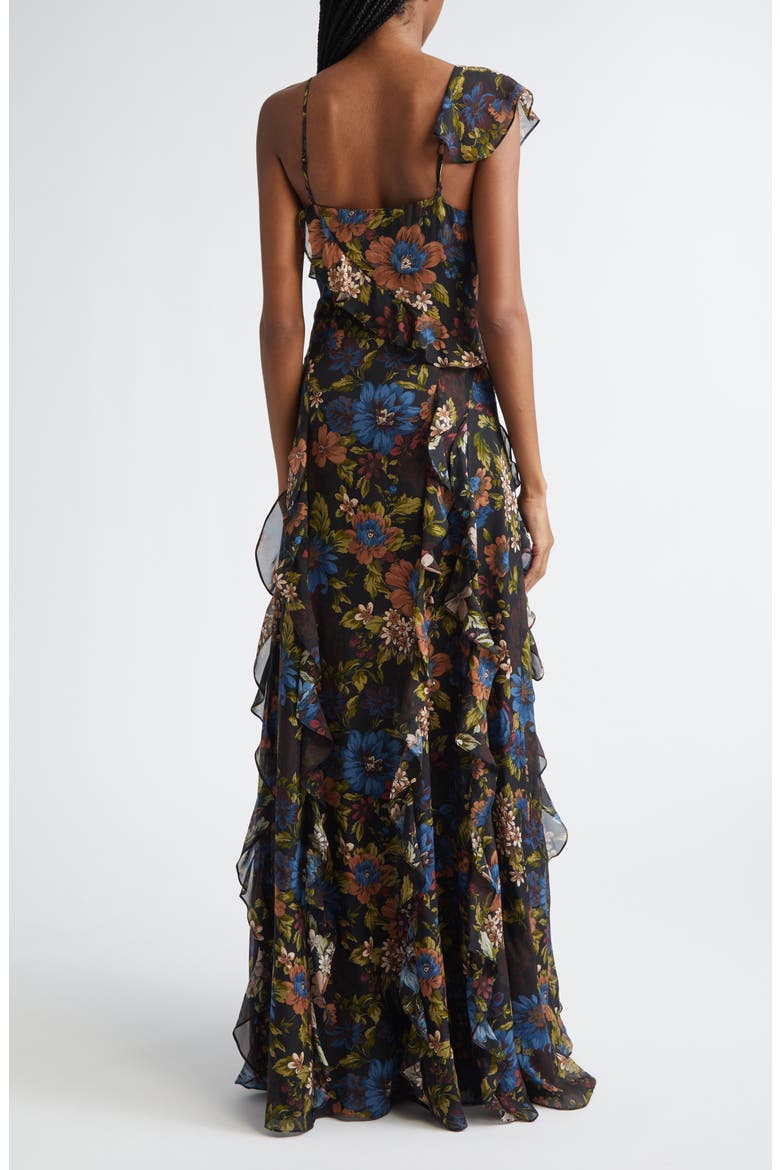 Madeline Floral Print Ruffle Asymmetric Silk Gown, Alternate, color, BLACK MULTI