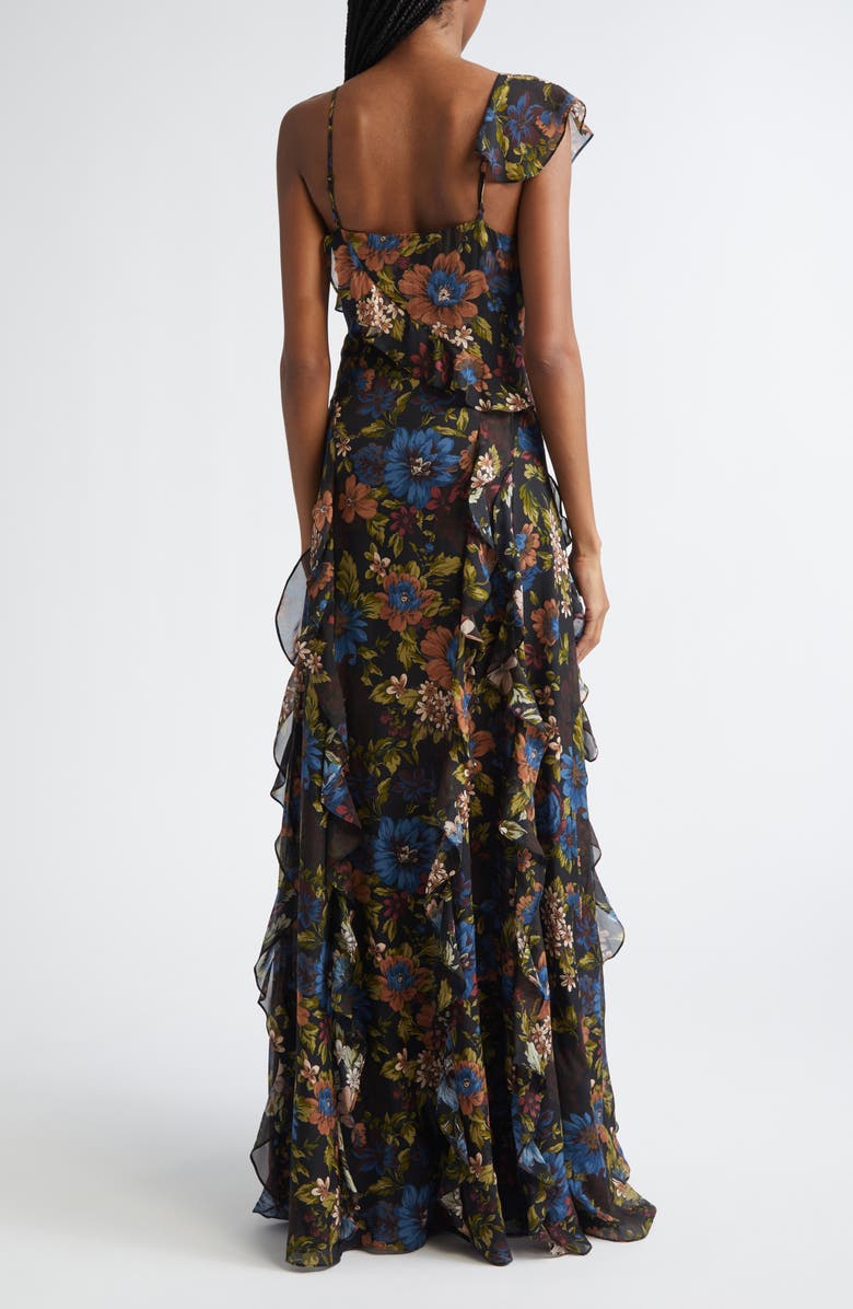 Veronica Beard Madeline Floral Print Ruffle Asymmetric Silk Gown, Alternate, color, Black Multi