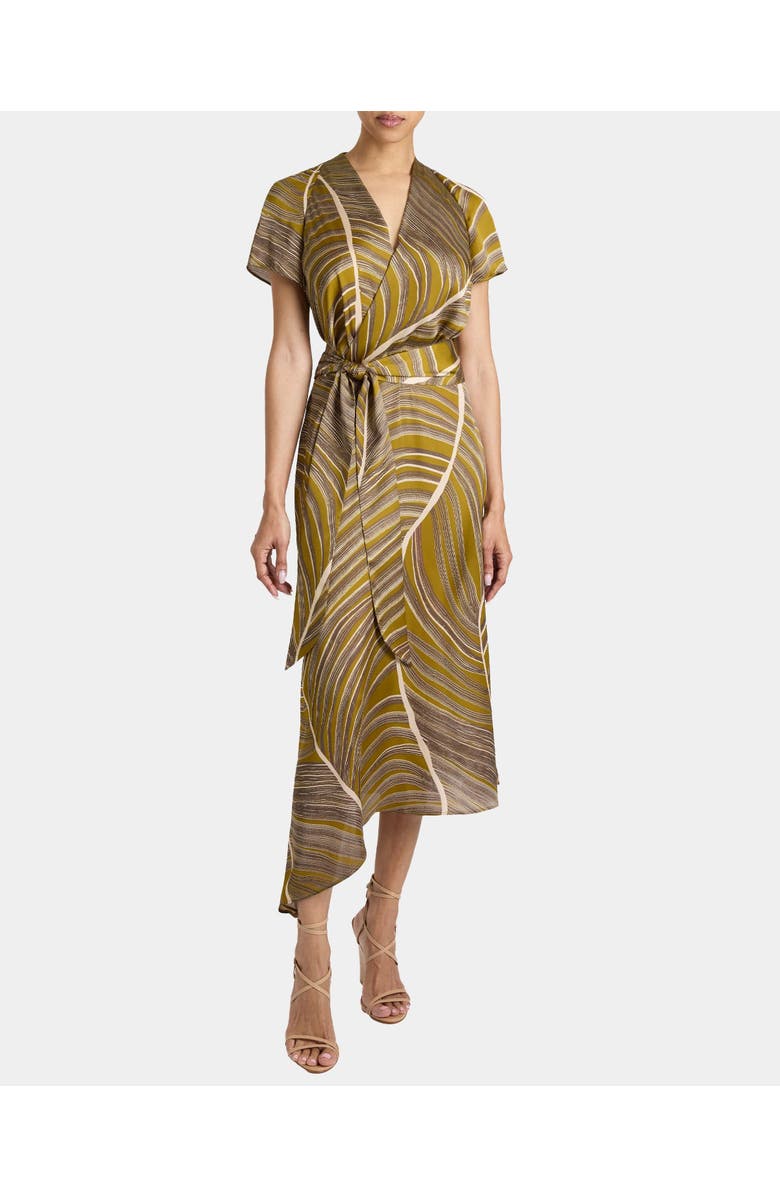 Santorelli HALEY Cap Sleeve Faux Wrap Hi Lo Midi Dress in Printed Charmeuse, Main, color, Coconut