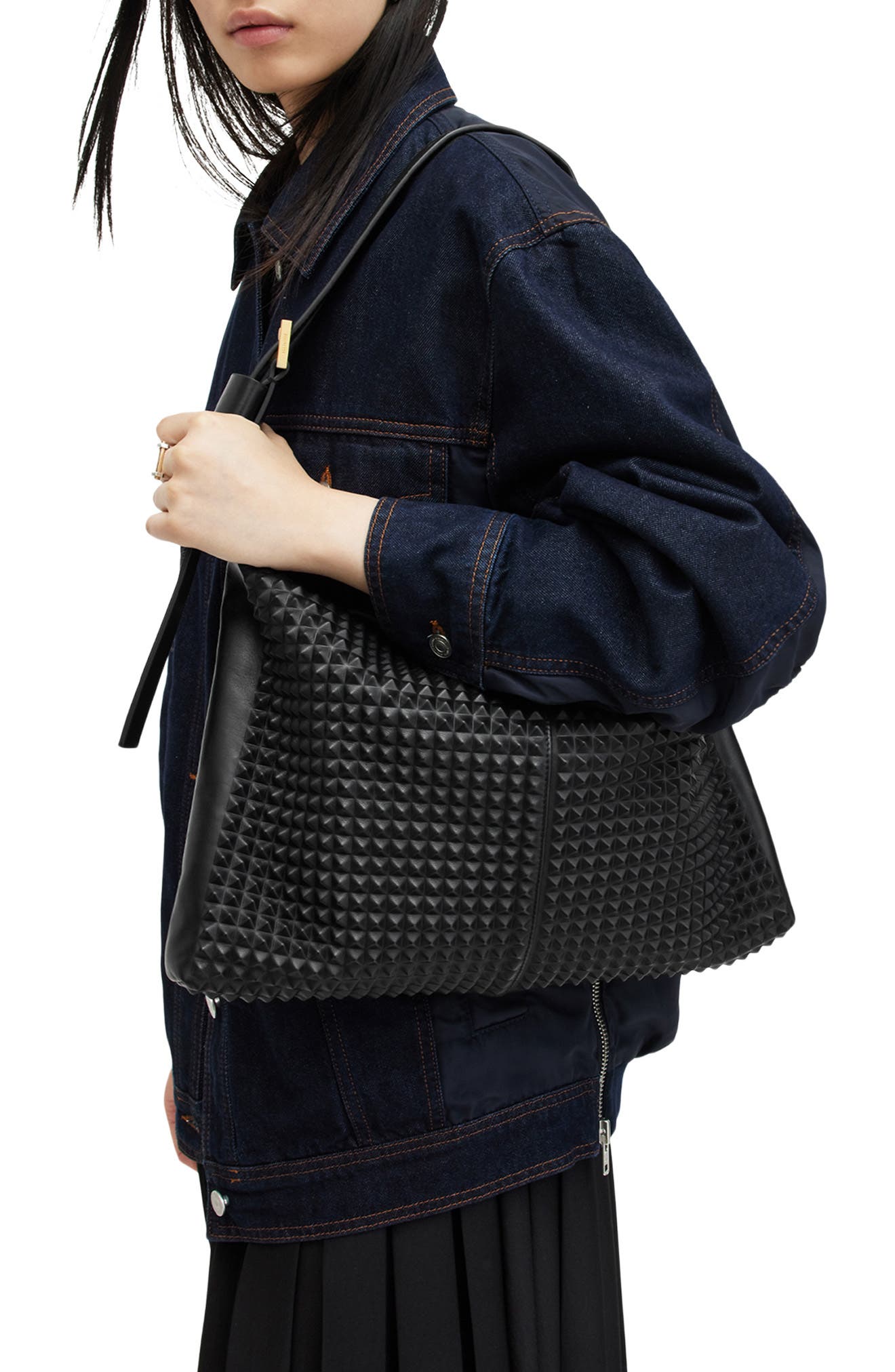 AllSaints Edbury Stud Leather Shoulder Bag, Alternate, color, 