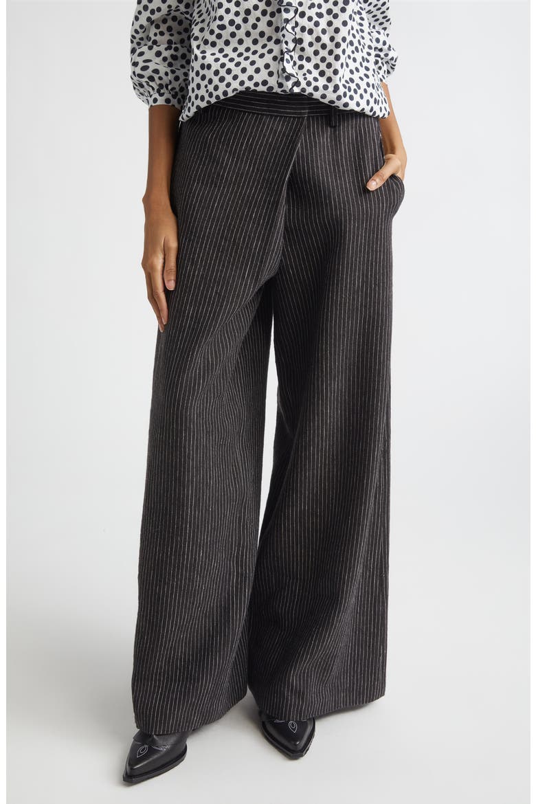Oversize Crossover Pinstripe Linen & Virgin Wool Pants, Main, color, BROWN STRIPE