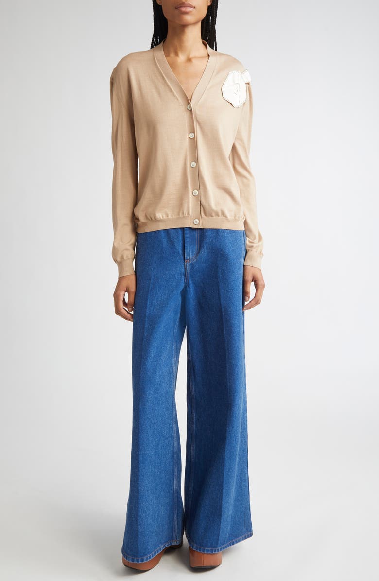 Marni Rose Appliqué Virgin Wool & Silk Cardigan, Alternate, color, 00W32 Moccasin