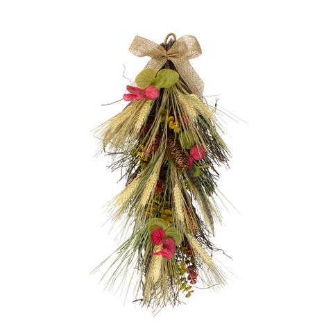 Wheat and Pinecone Artificial Fall Harvest Teardrop Swag with Burlap Bow - 24"