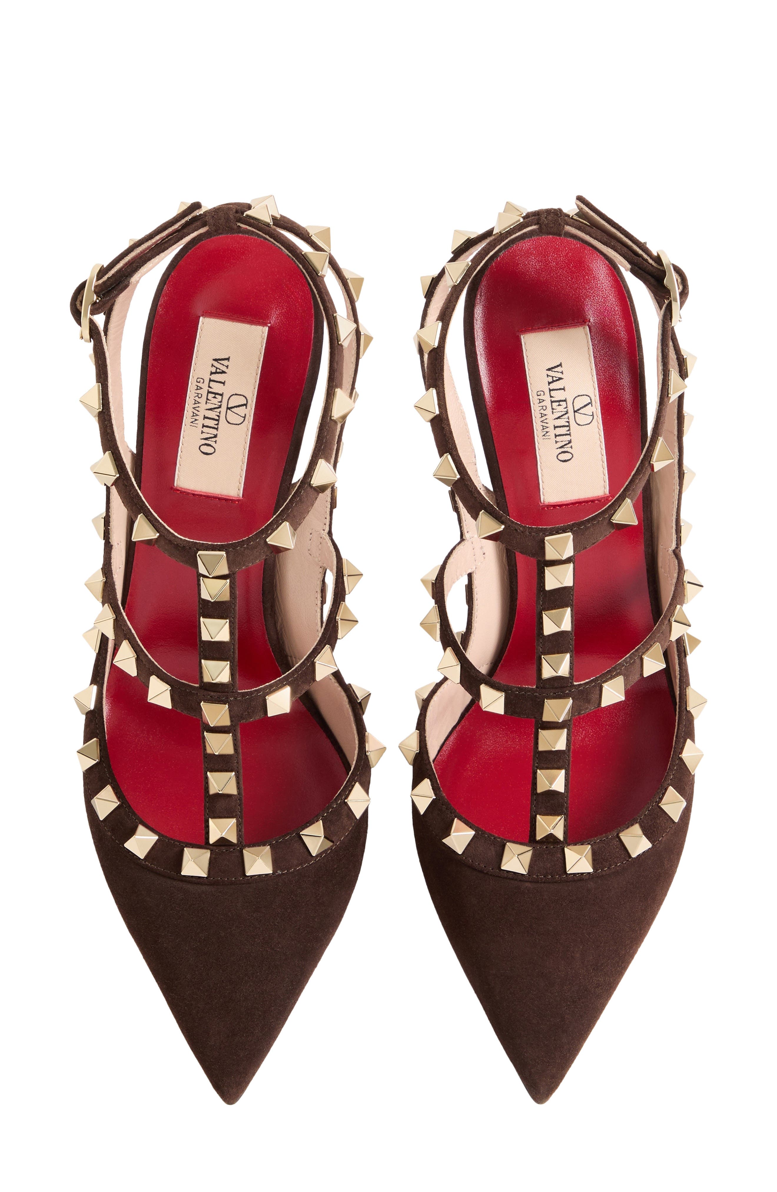 Valentino Rockstud Pointed Toe Ankle Strap Pump, Alternate, color, Brown