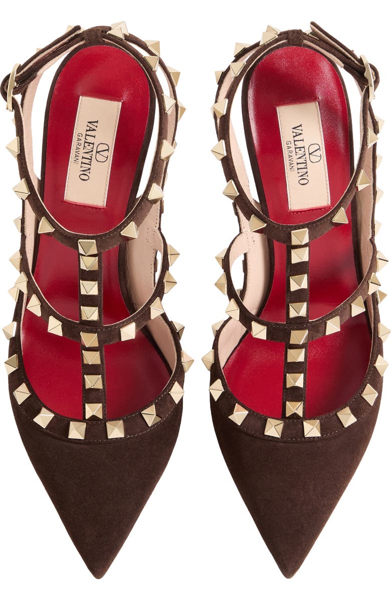 Valentino Rockstud Pointed Toe Ankle Strap Pump, Alternate, color, Brown