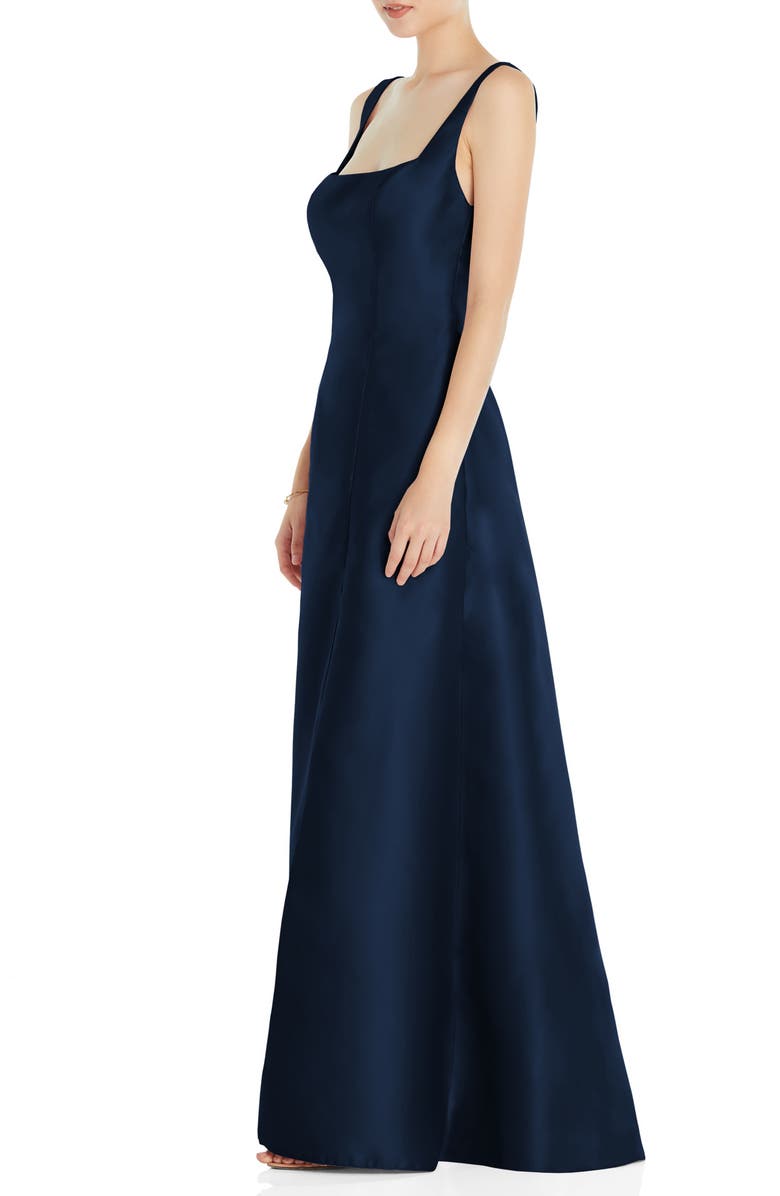 Alfred Sung Square Neck Satin A-Line Gown, Alternate, color, Midnight Navy