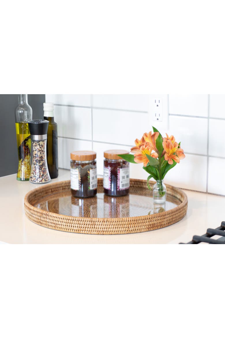 Artifacts Rattan Round Serving-Ottoman Tray with Glass Insert, Alternate, color, Honey Brown