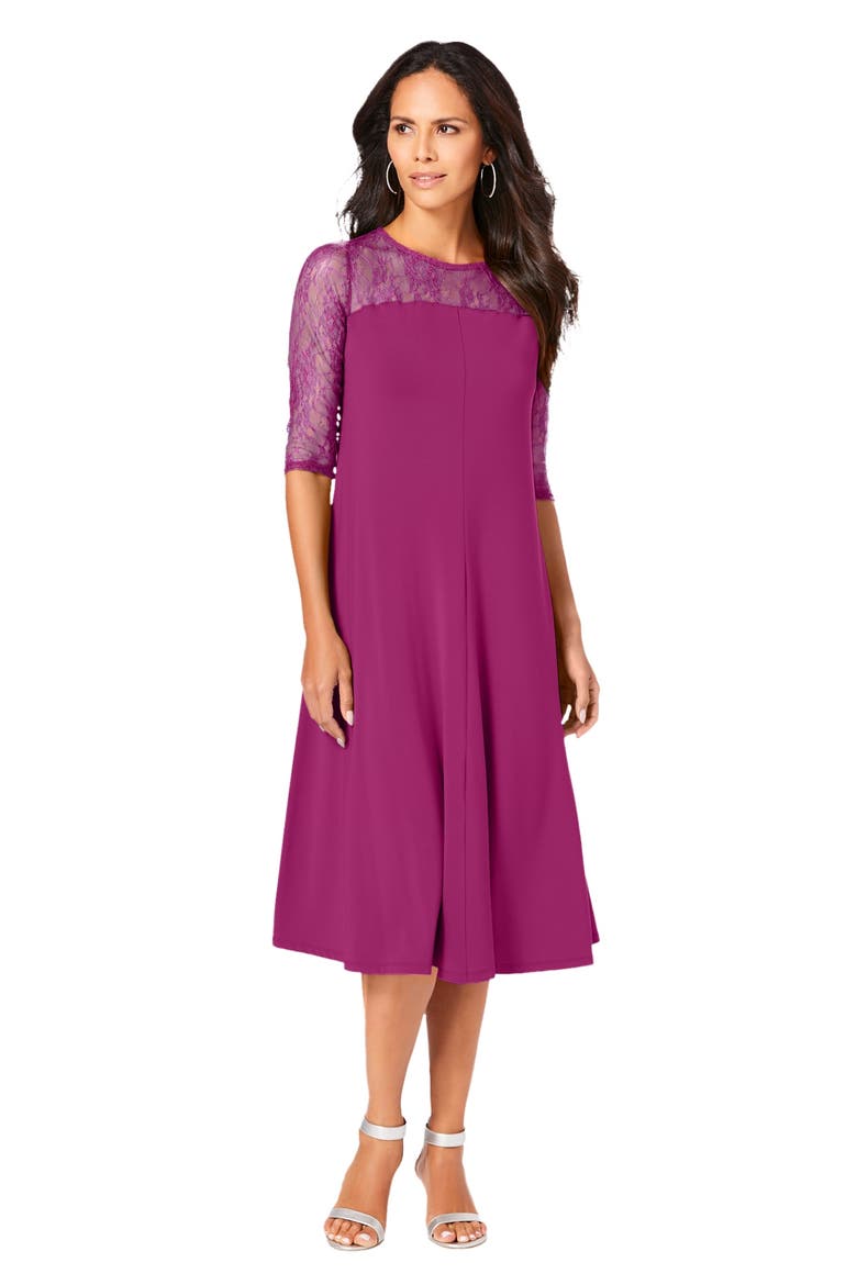 Plus Size 3/4 Sleeve Allover Lace Swing Dress, Main, color, RASPBERRY