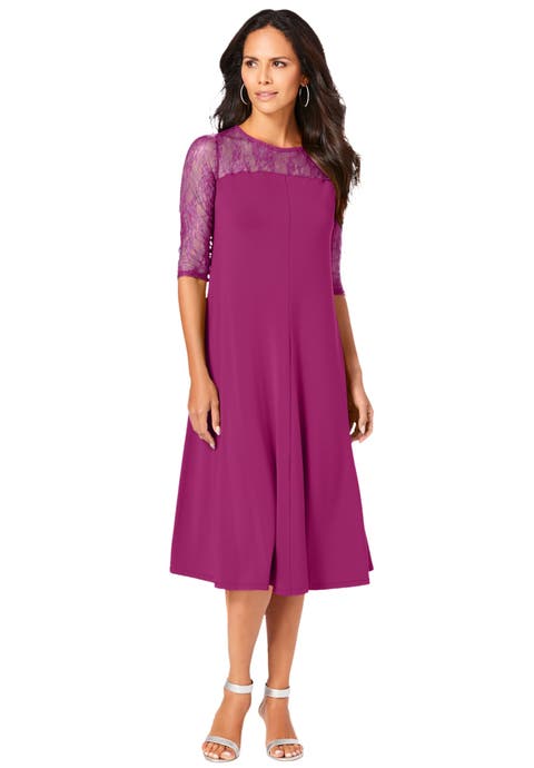 Plus Size 3/4 Sleeve Allover Lace Swing Dress (Plus)