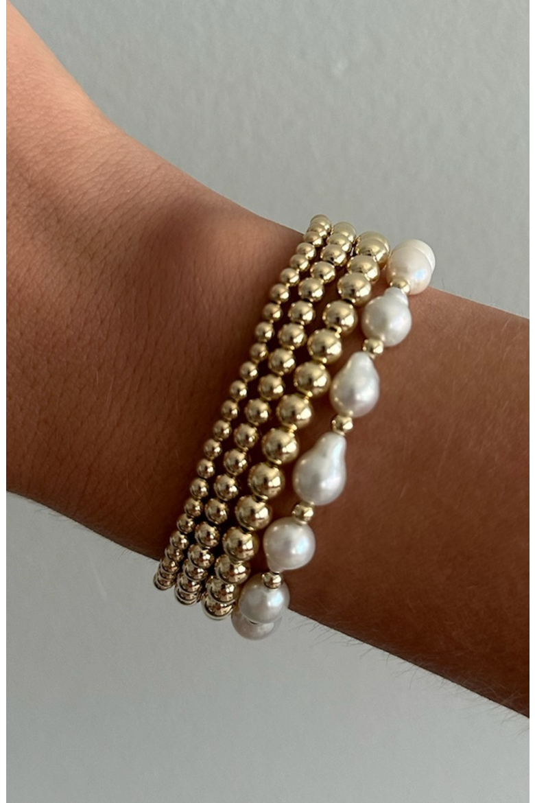 Baroque Pearl and 14k Gold Filled Bead Four Bracelet Stack, Alternate, color, Gold