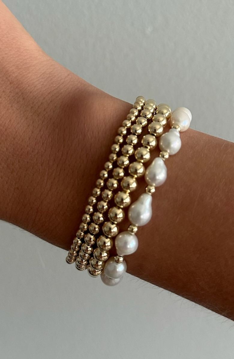 CUFFED BY NANO Baroque Pearl and 14k Gold Filled Bead Four Bracelet Stack, Alternate, color, Gold