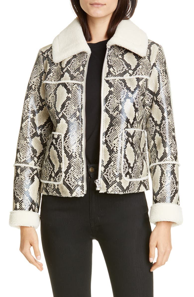 Stand Studio Maj Teddy Faux Fur & Snake Print Bonded Jacket, Main, color, 