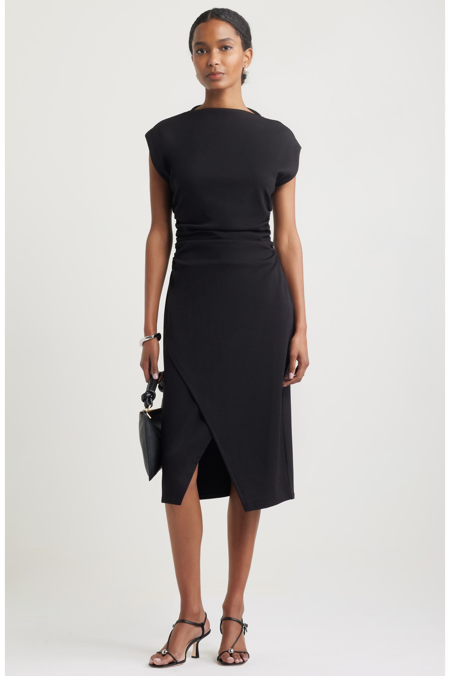 Ruched Funnel Neck Midi Dress