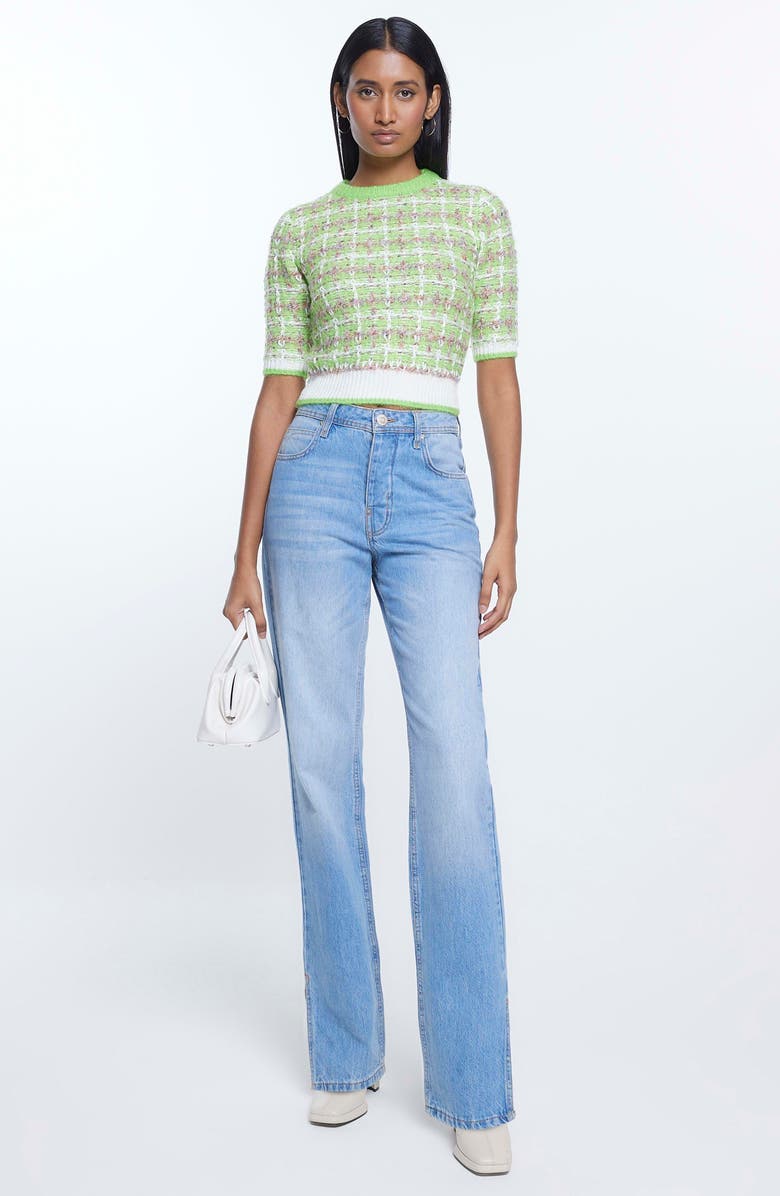 River Island Textured Check Short Sleeve Sweater, Alternate, color, Green