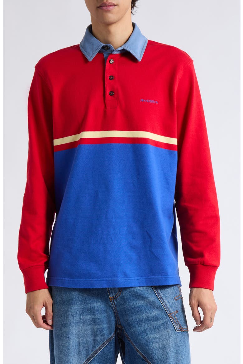 Contrast Collar Colorblock Long Sleeve Polo, Main, color, RED/ BLUE