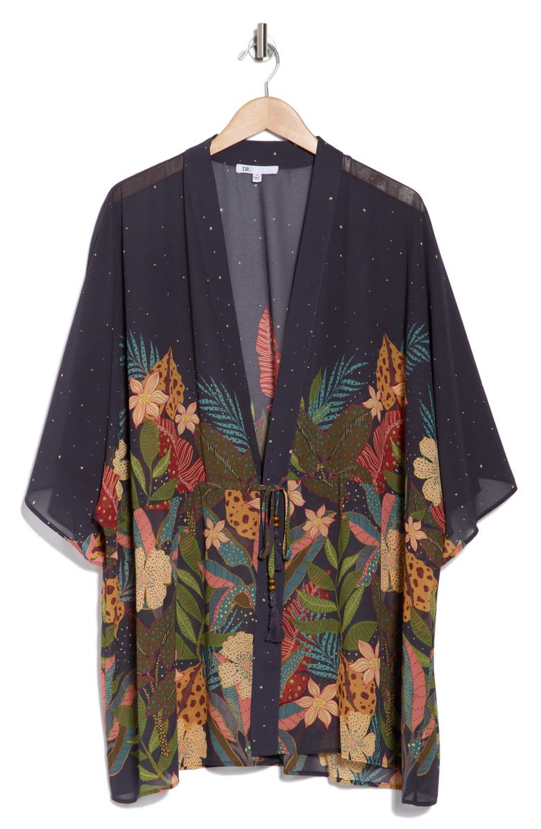 DR2 by Daniel Rainn Drawstring Floral Open Front Wrap, Alternate, color, Indigo