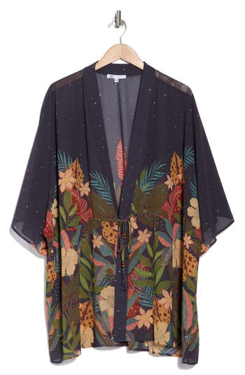 Dr2 By Daniel Rainn Drawstring Floral Open Front Kimono