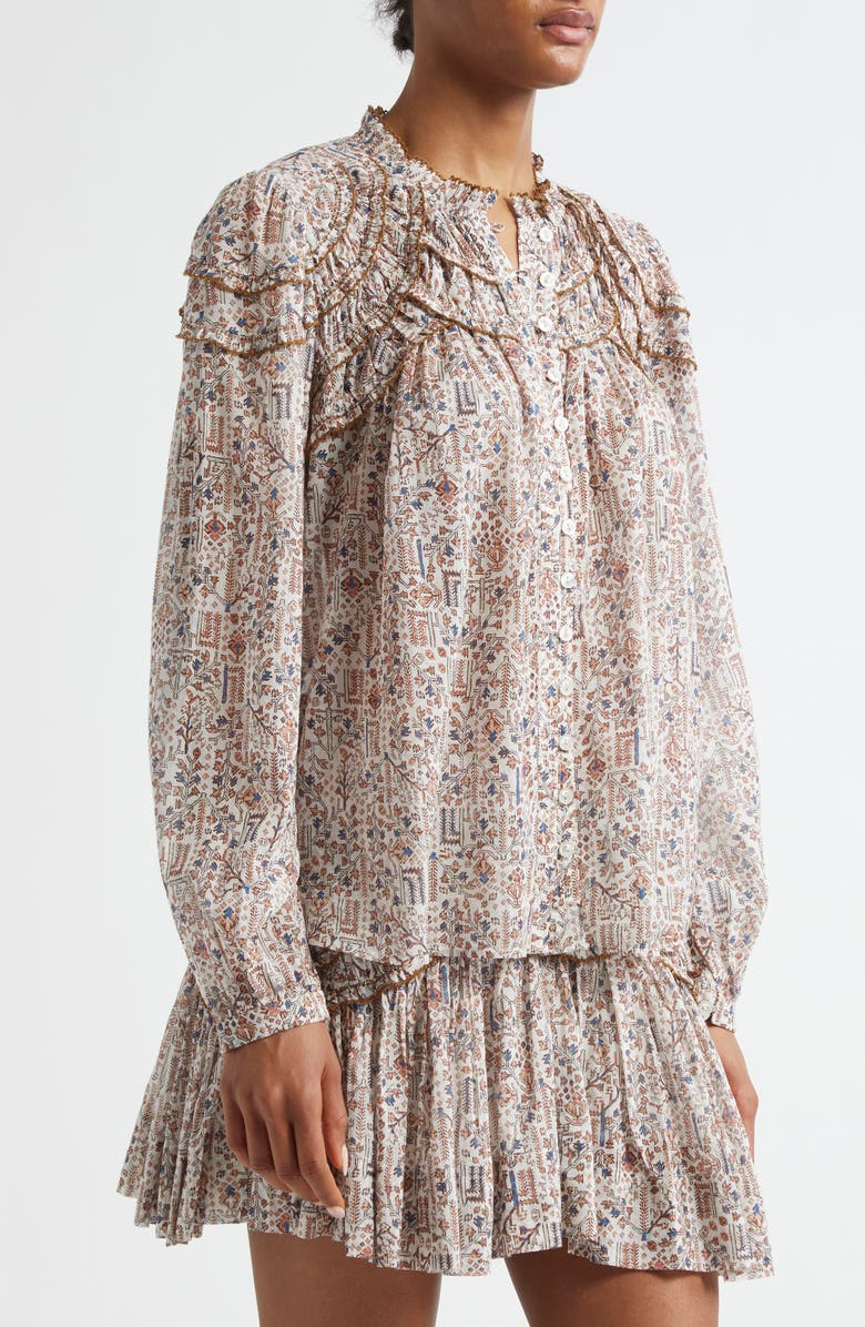 Isabel Marant Étoile Christa Print Cotton Ruffled Button-Up Shirt, Alternate, color, Ecru