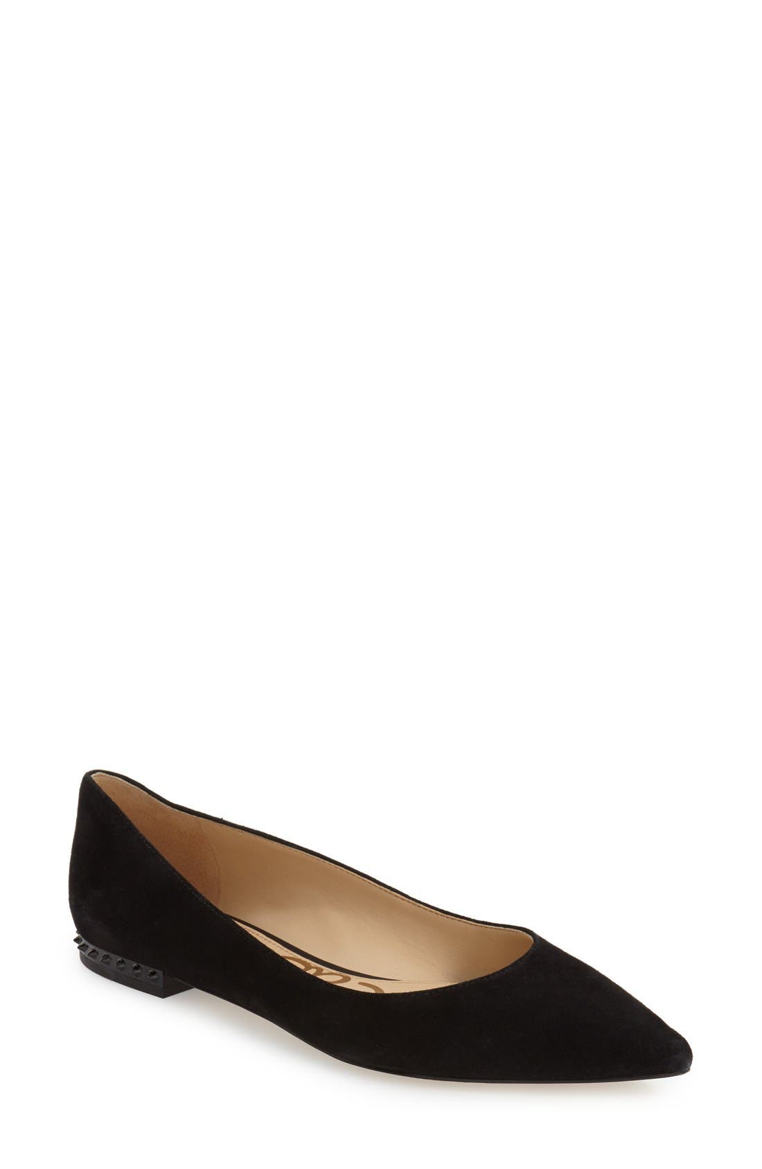 'Reyanne' Spike Rand Pointy Toe Flat, Main, color, BLACK SUEDE