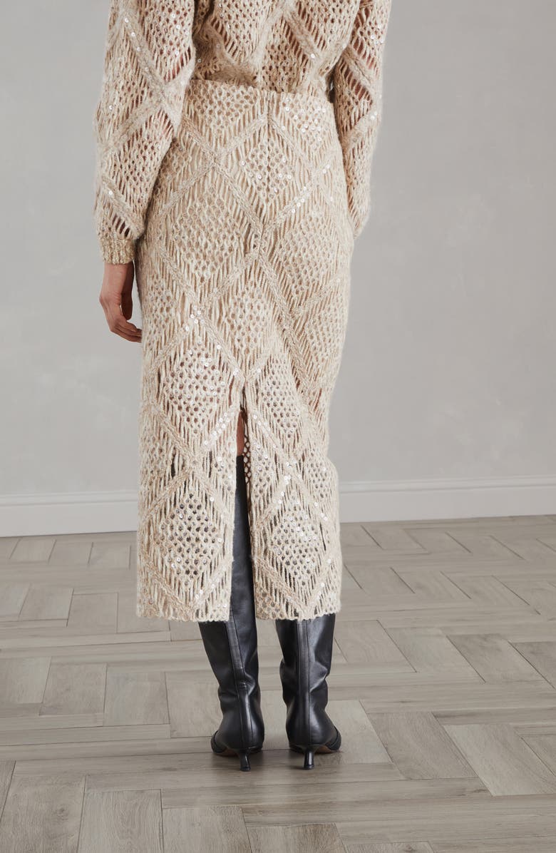 Brunello Cucinelli Wool and alpaca knit skirt with dazzling macro argyle embroidery, Alternate, color, 