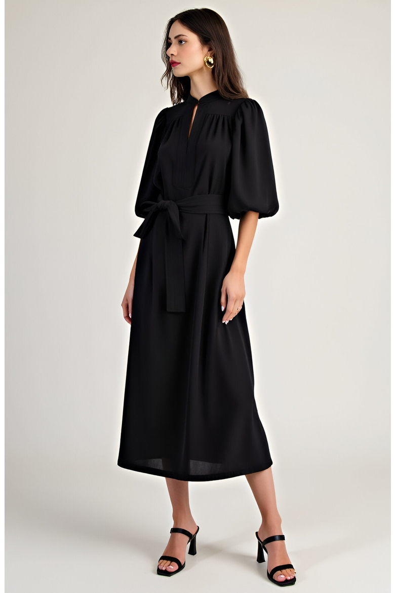 Puff Sleeve Midi Dress with Belt, Alternate, color, Black