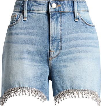 Bombshell Crystal Fringe Denim Cutoff Shorts