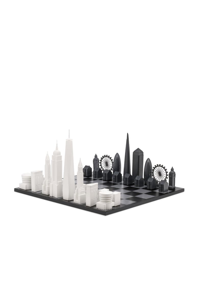 SKYLINE CHESS Chess Set Acrylic LONDON vs NEW YORK with B/W Hatch Board, Main, color, White