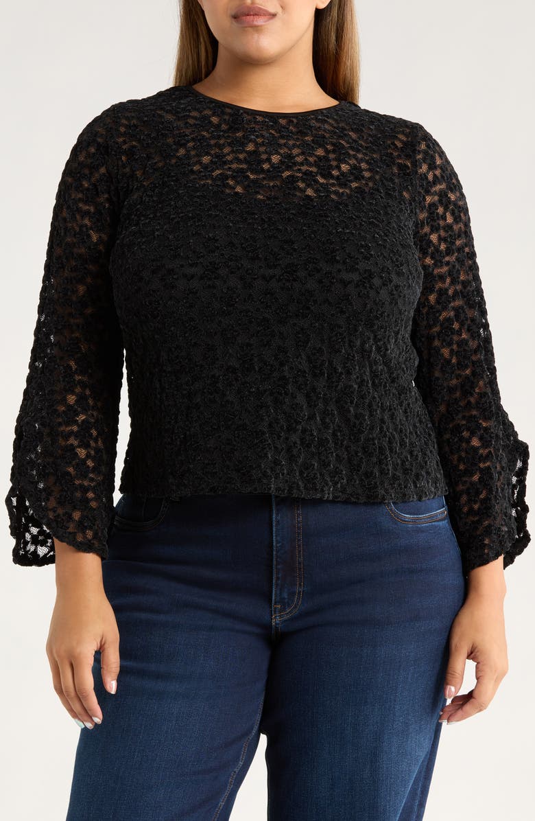 Vince Camuto Ruffle Sleeve Lace Top, Main, color, Rich Black