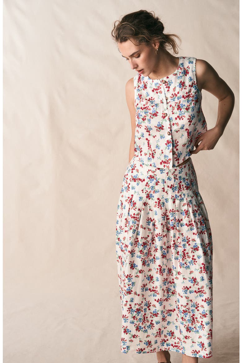 Valentina Linen Midi Skirt, Alternate, color, IVORY, BLOOM SCATTER