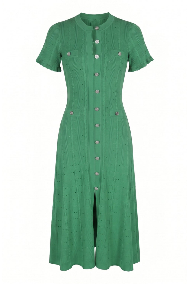Button Front Knit Short Sleeve Midi Dress, Alternate, color, Green
